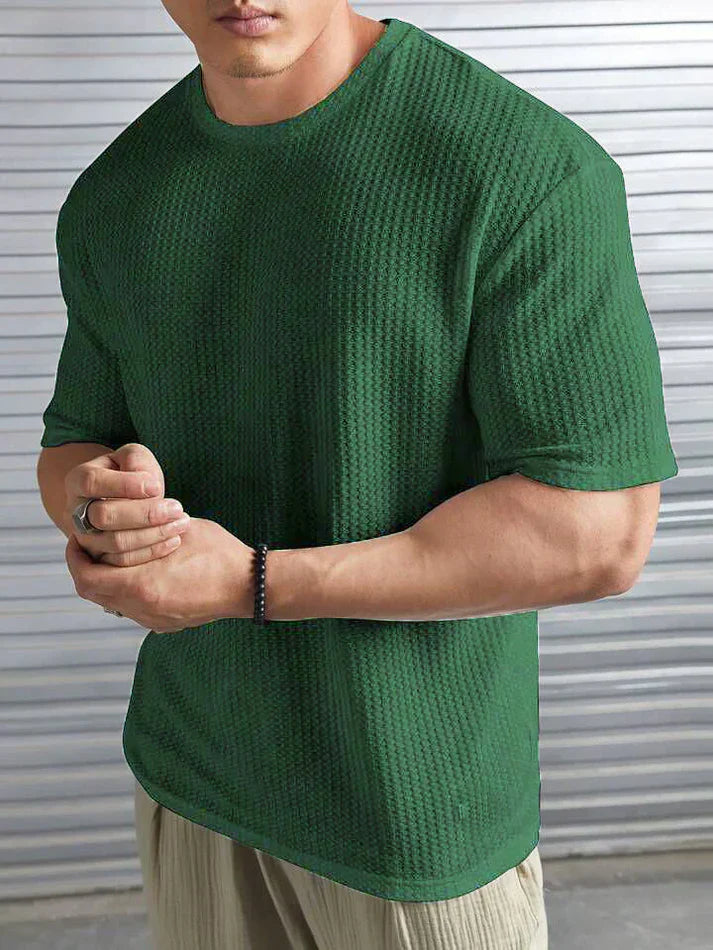 Waffle Knitted Drop Shoulder T-Shirt - OLIVE