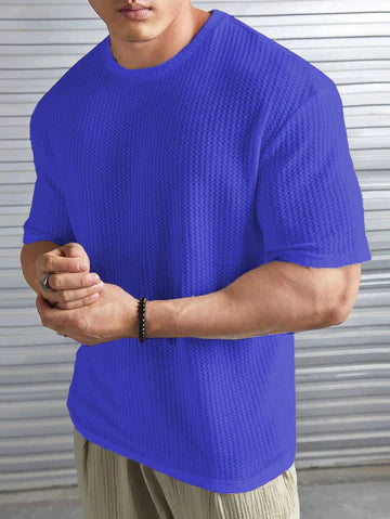 Waffle Knitted Drop Shoulder T-Shirt - OXFORD BLUE