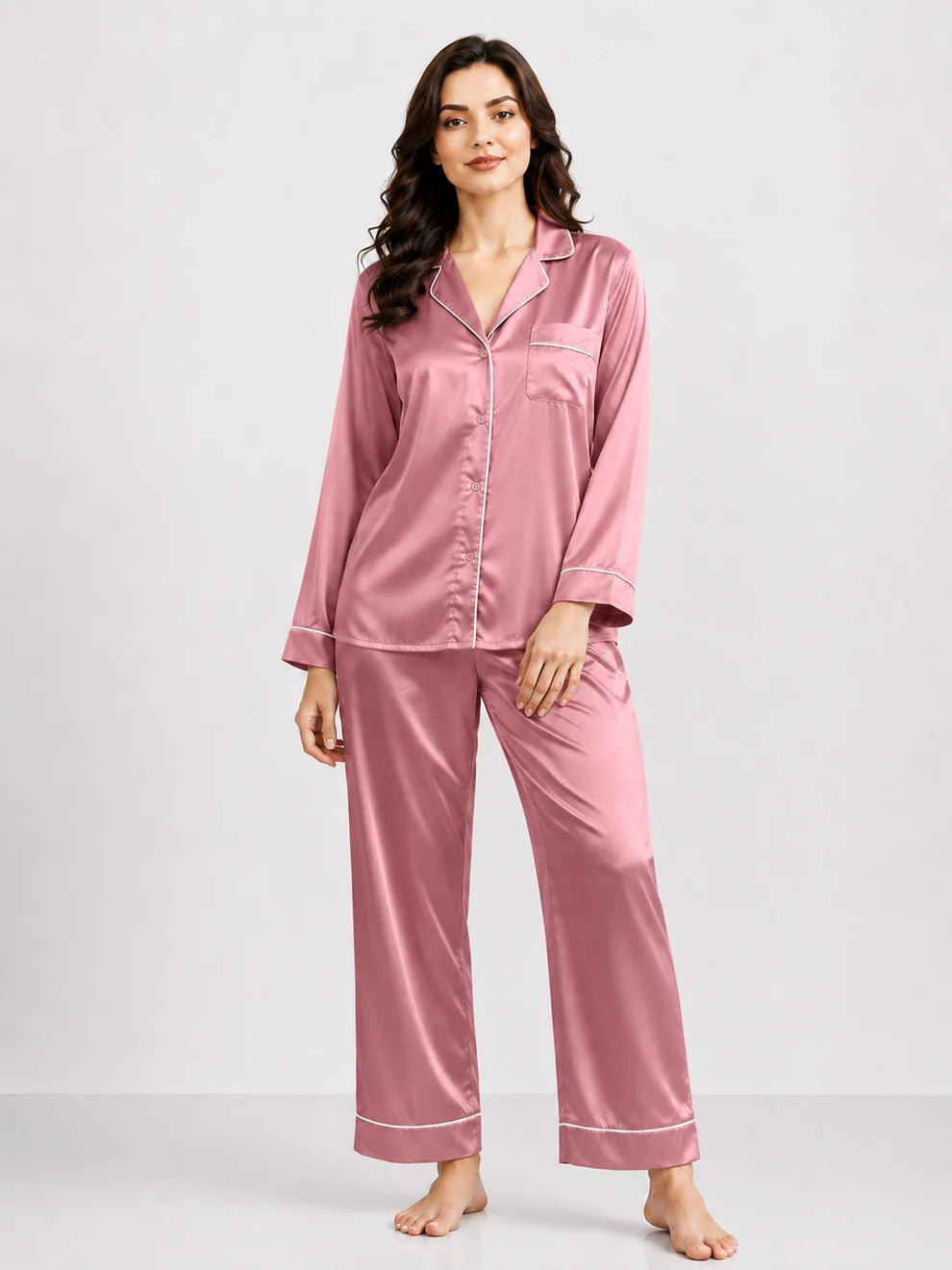 PLAIN SILK NIGHT SUIT - LIGHT PINK