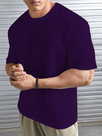 Waffle Knitted Drop Shoulder T-Shirt - PURPLE