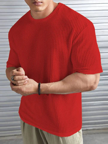 Waffle Knitted Drop Shoulder T-Shirt - RED