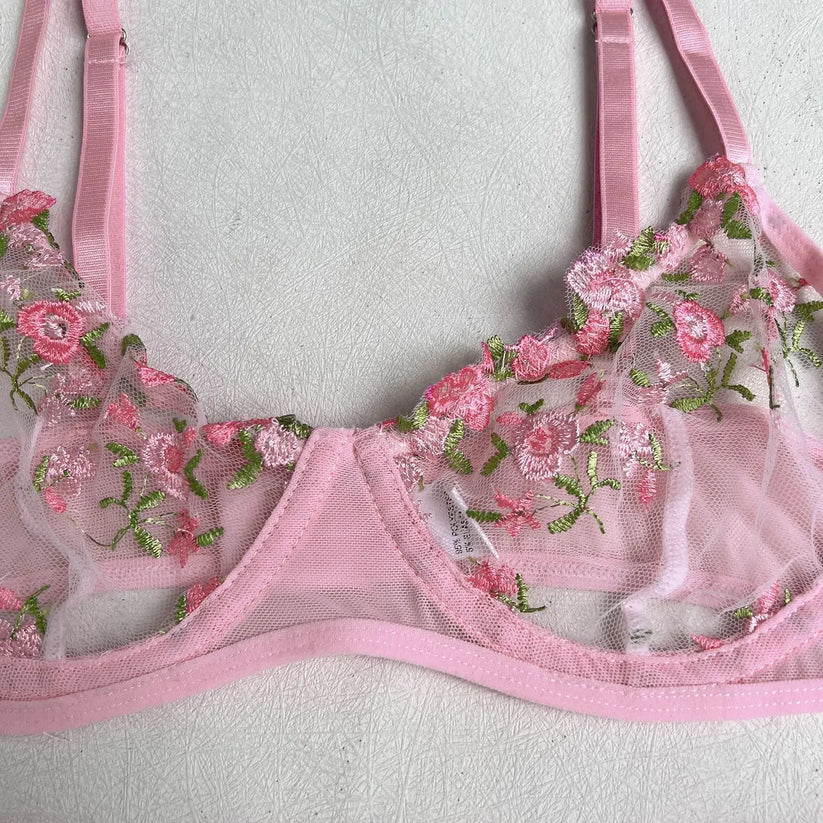 Pink Exquisite Flower Embroidery Bra and panty set