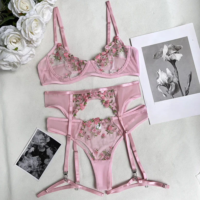 Pink Exquisite Flower Embroidery Bra and panty set