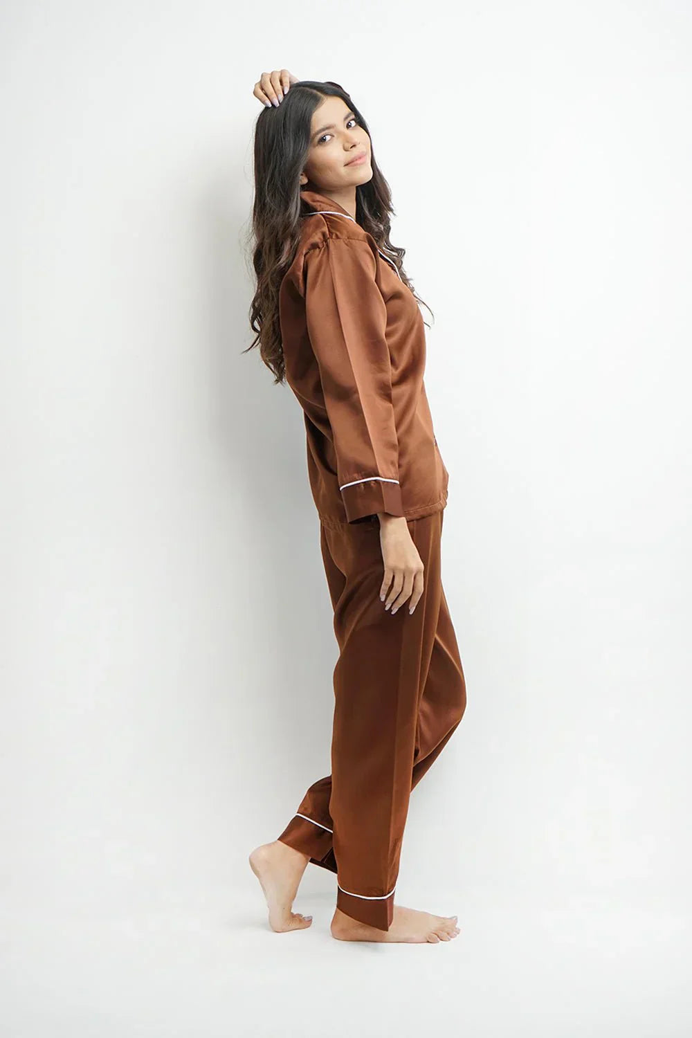 Brown Plain Silk Pj Set