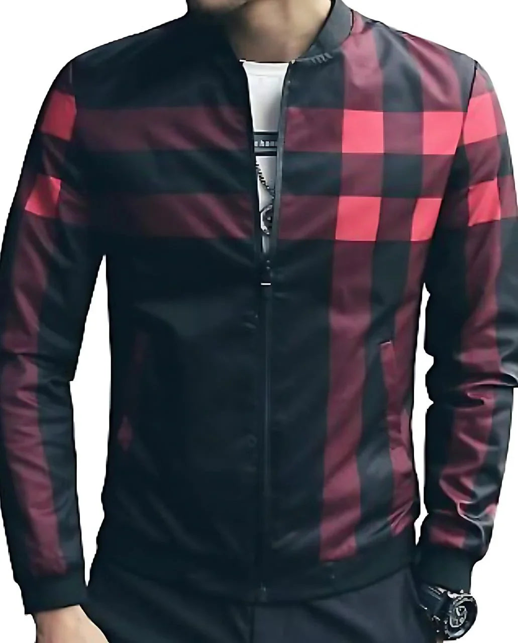 Red Checkered Printed Zipper Jacket