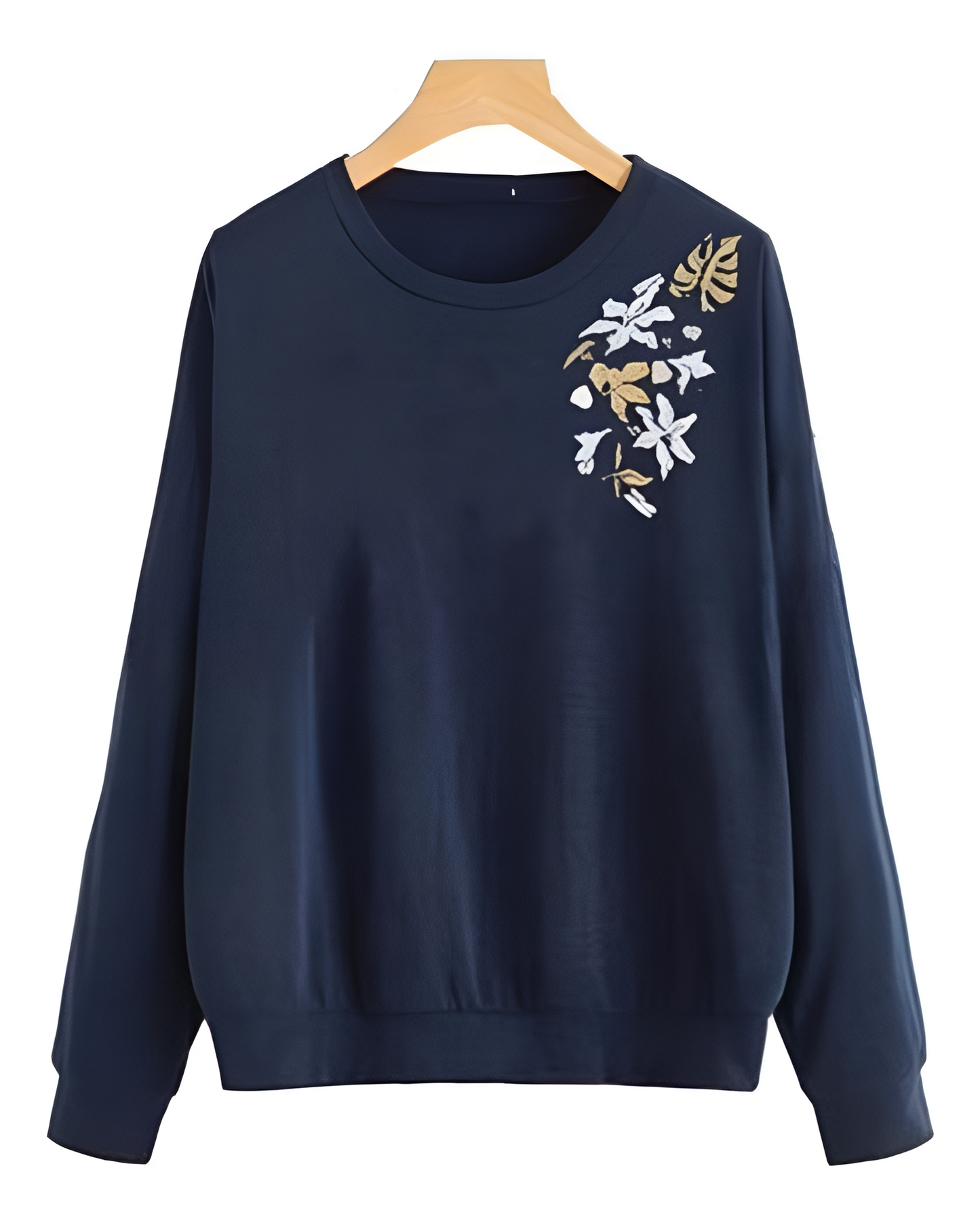 Navy Blue Leaf Printed Sweatshirt For Women