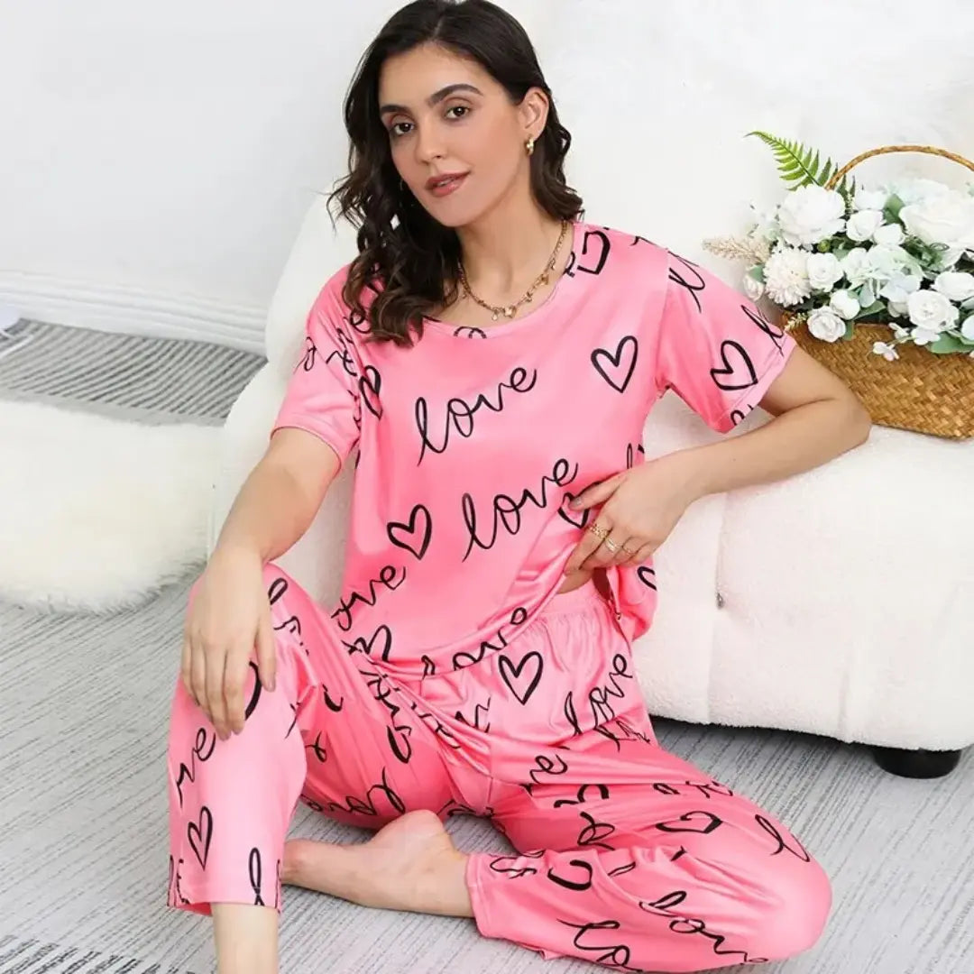 Pink love heart printed night suit