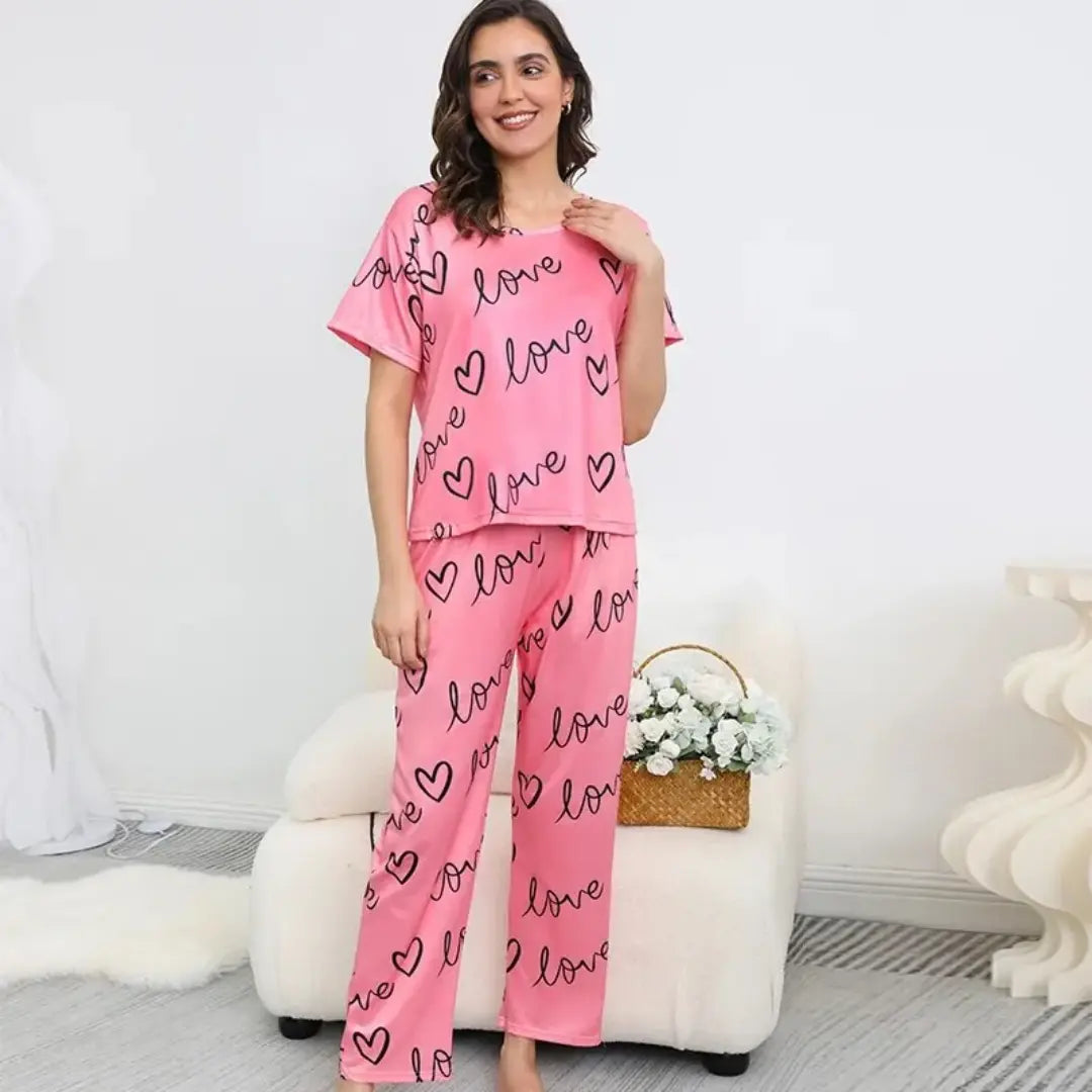 Pink love heart printed night suit