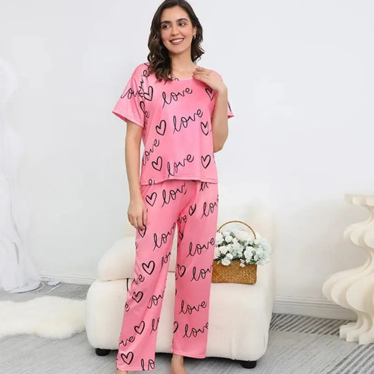 Pink love heart printed night suit