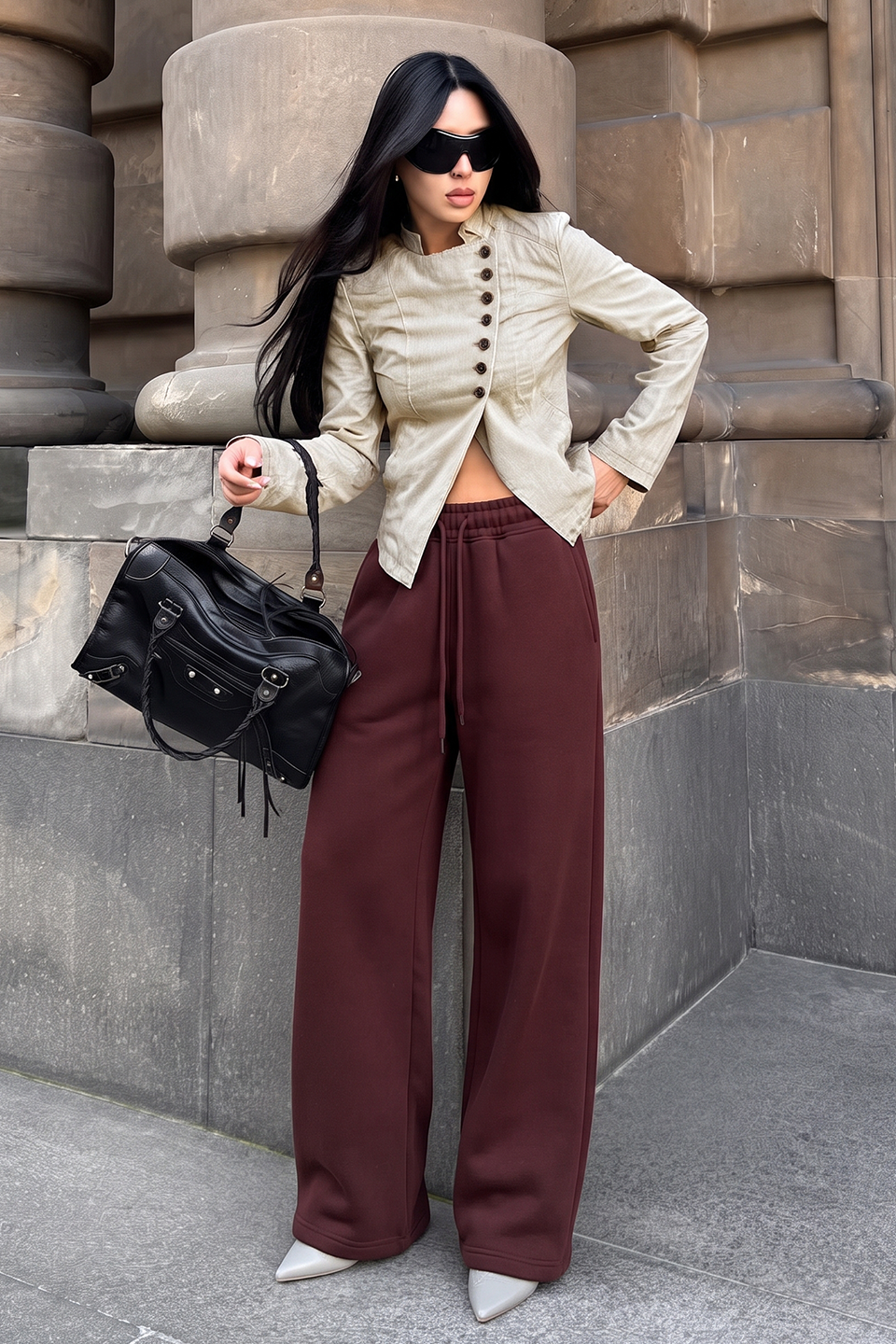 Wide Pull-On Trouser | Burgundy