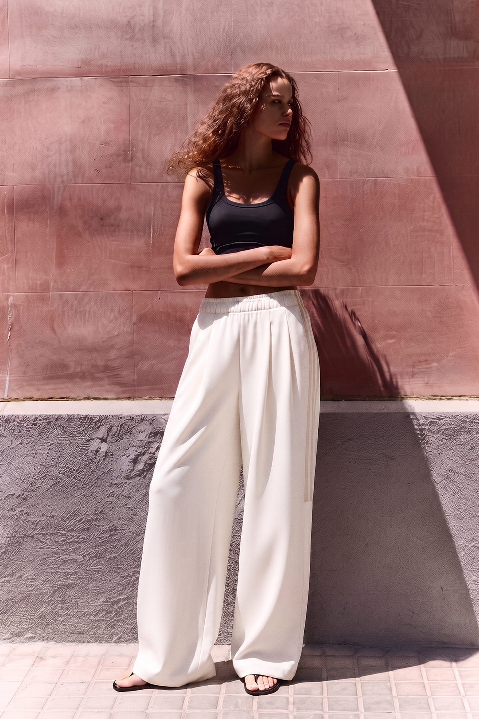 Women Tiro 3-Stripes Wide-leg Pleated Pants - Oat Milk
