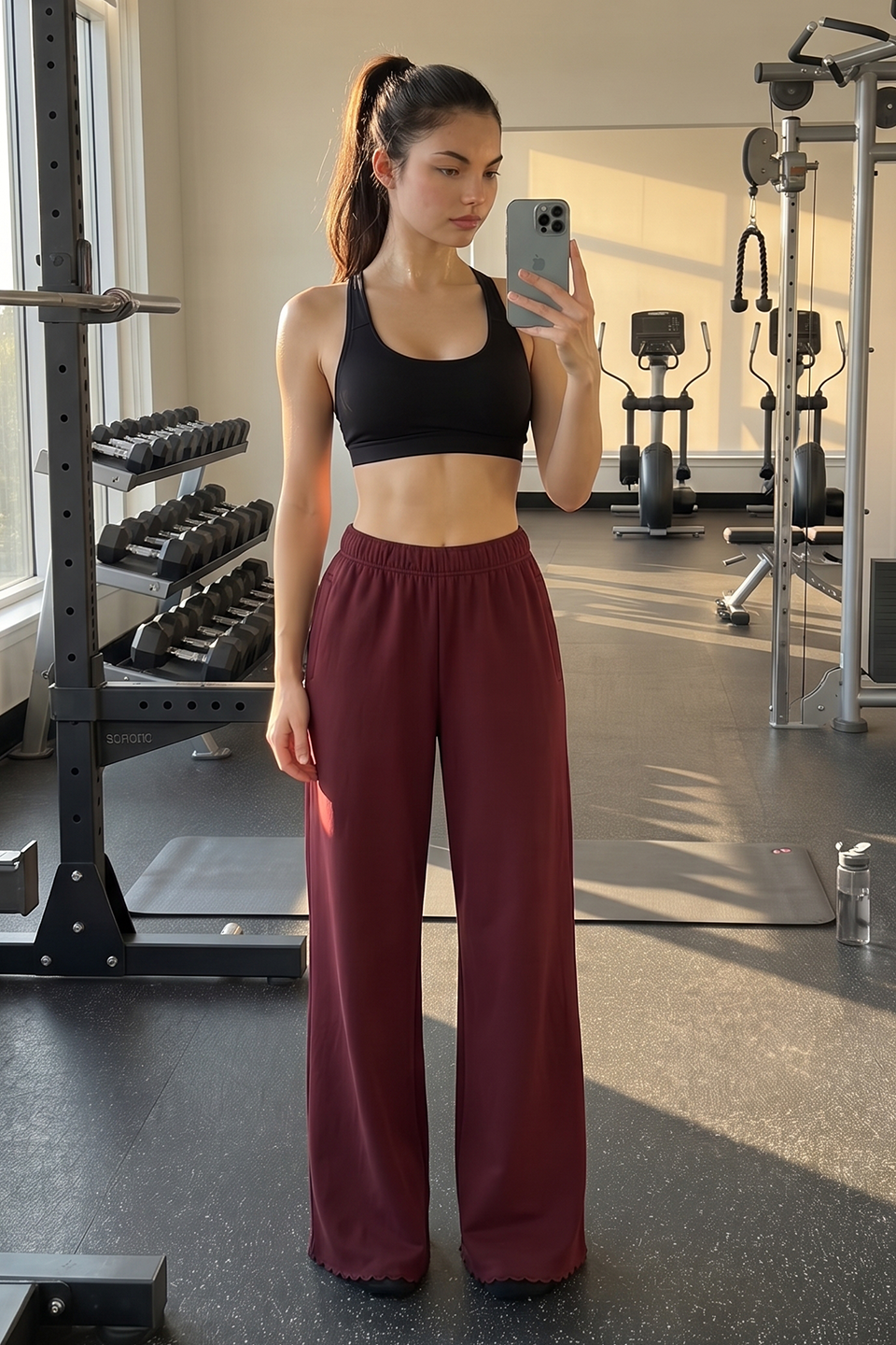 Women Wide-leg Trouser With Scalloped Edge - Maroon