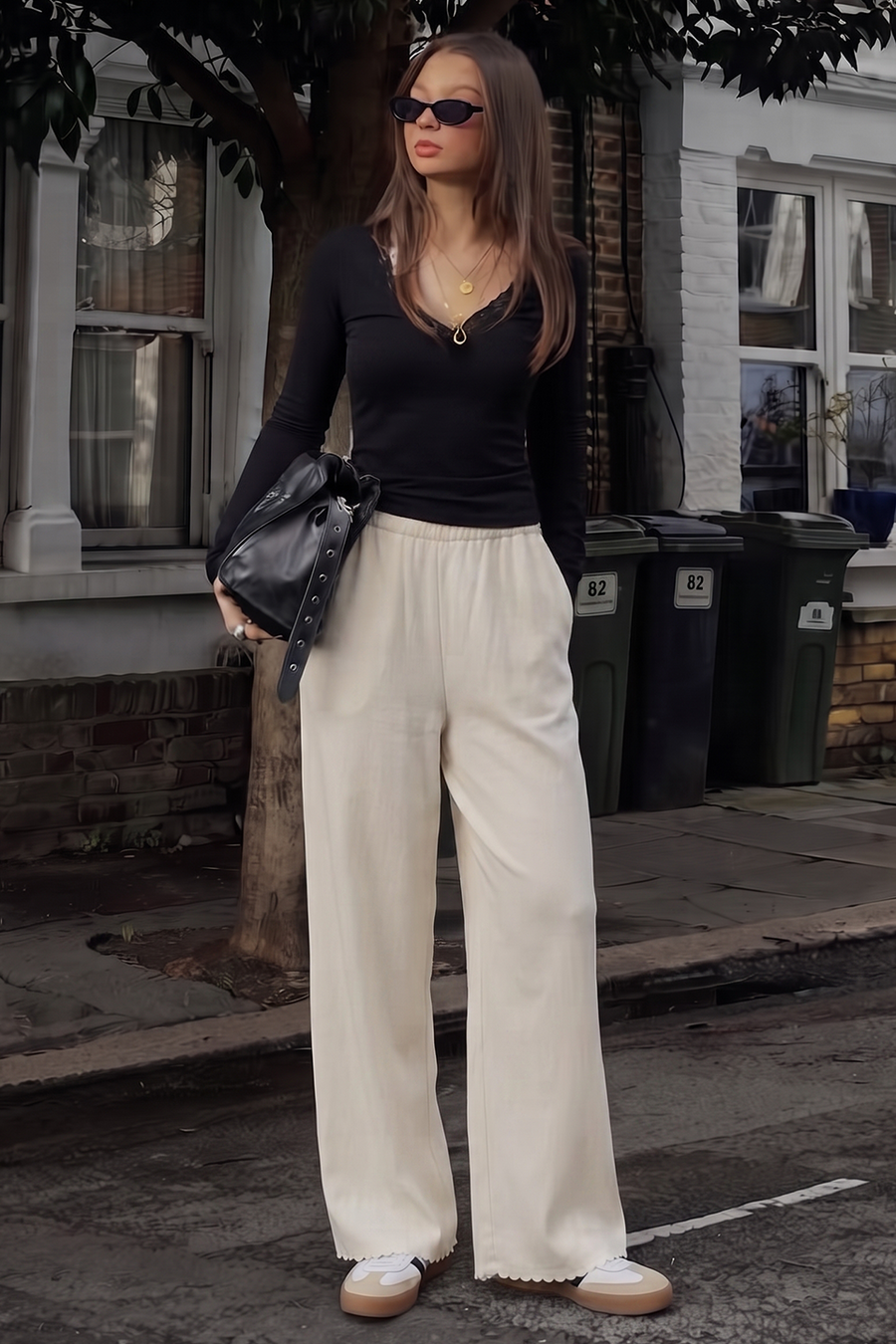 Women Wide-leg Trouser With Scalloped Edge - Oat Milk