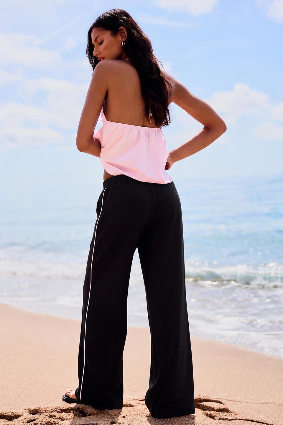 Women Wide-leg Plush Trouser With Trim Detail - Black