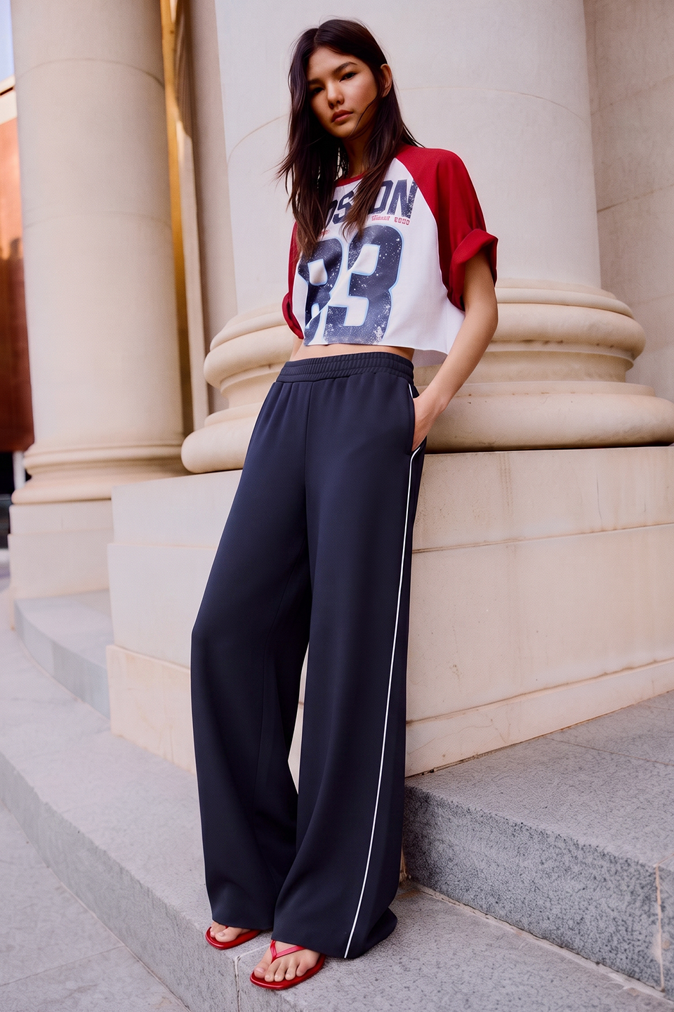 Women Wide-leg Plush Trouser With Trim Detail - Navy Blue