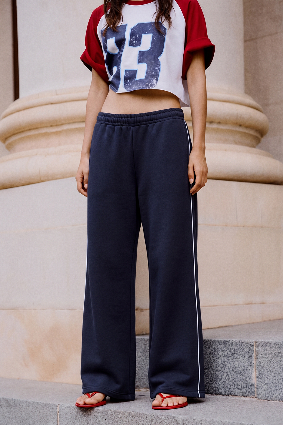 Women Wide-leg Plush Trouser With Trim Detail - Navy Blue