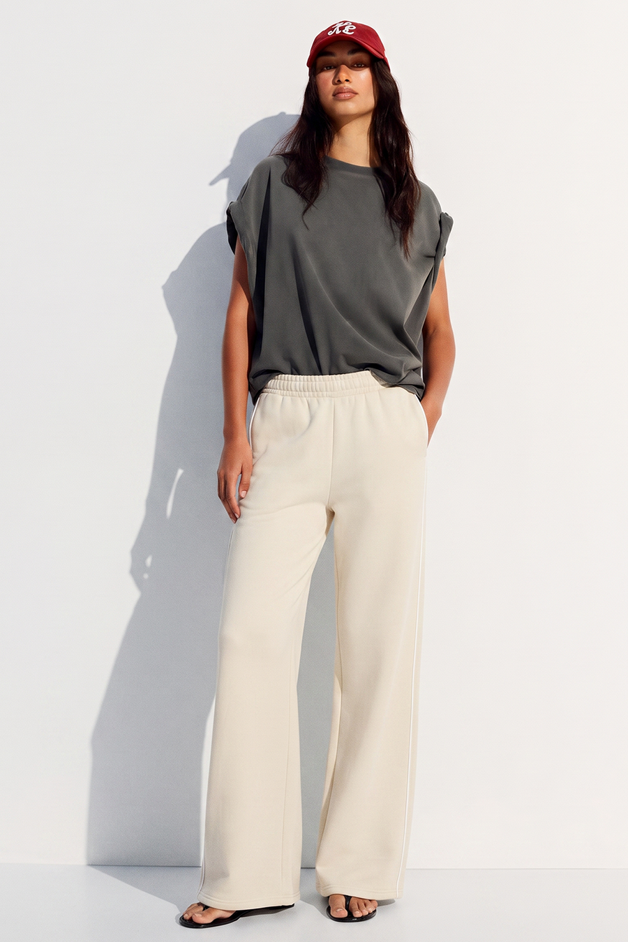Women Wide-leg Plush Trouser With Trim Detail - Oat Milk