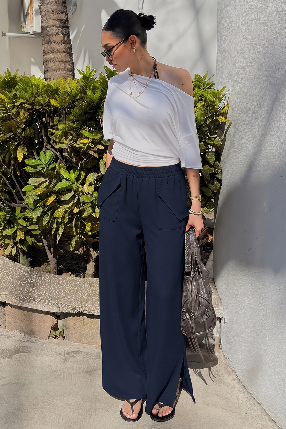 Women Smart Pocket Wide-leg Trouser - Navy Blue