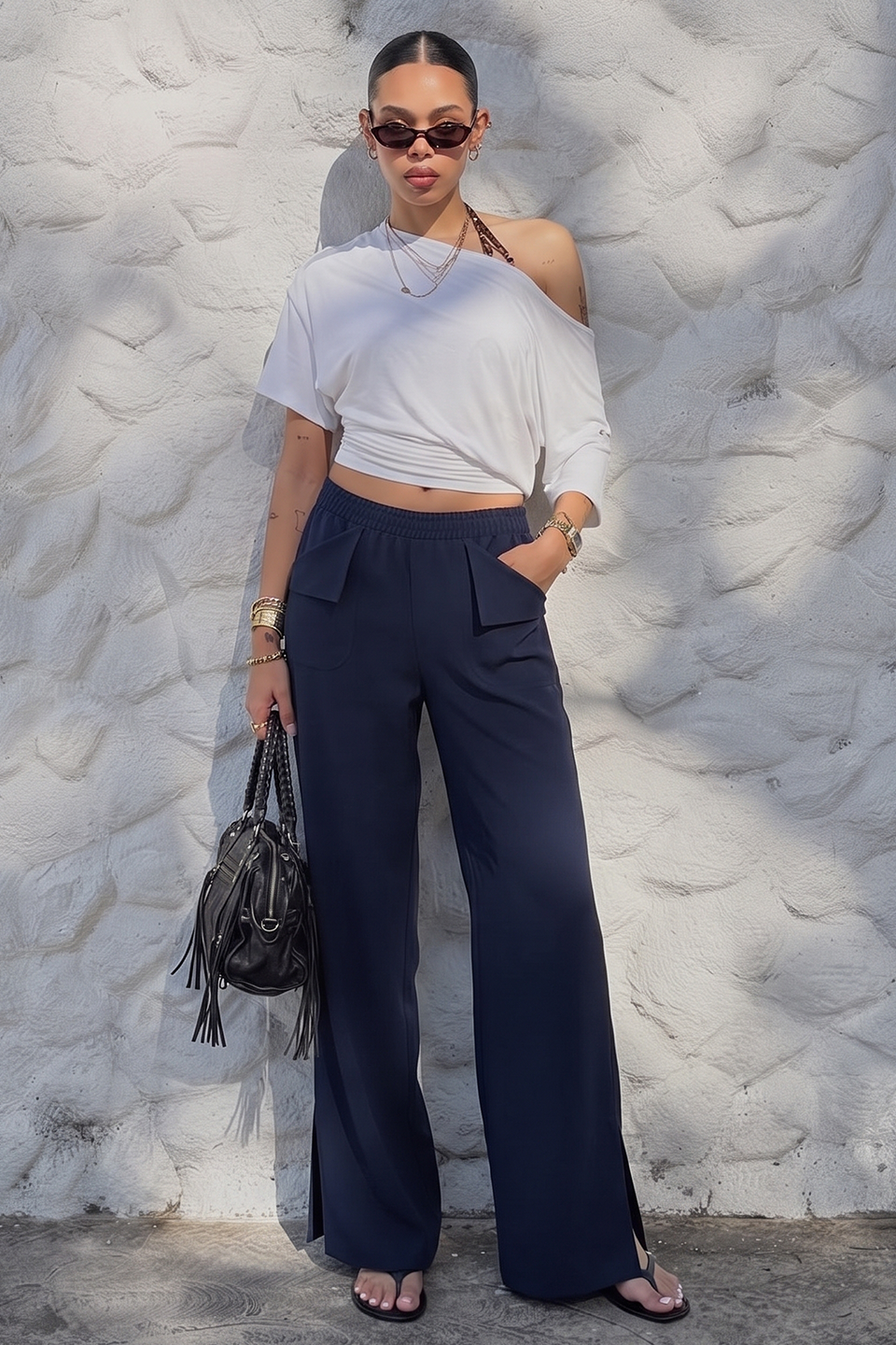 Women Smart Pocket Wide-leg Trouser - Navy Blue
