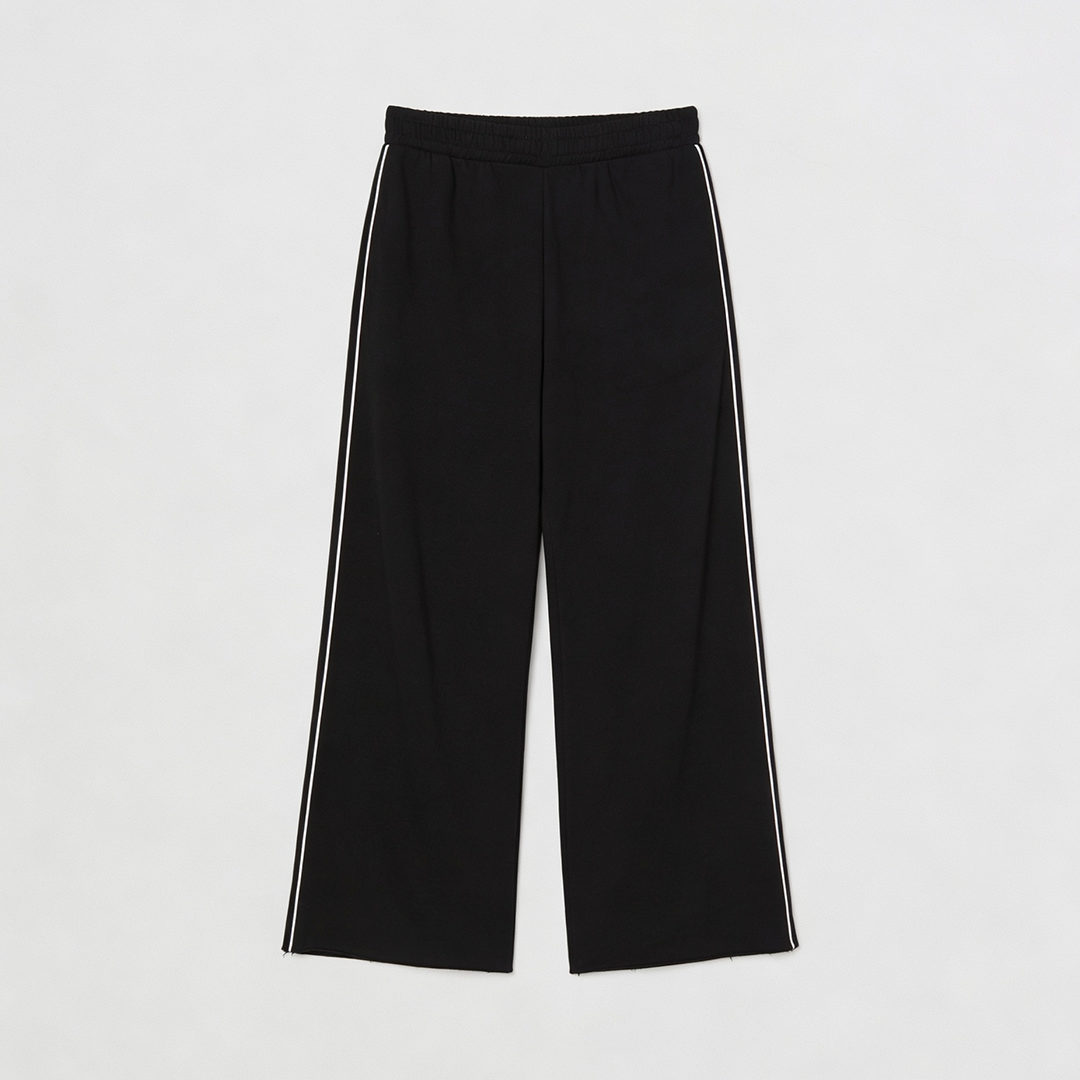Women Wide-leg Plush Trouser With Trim Detail - Black