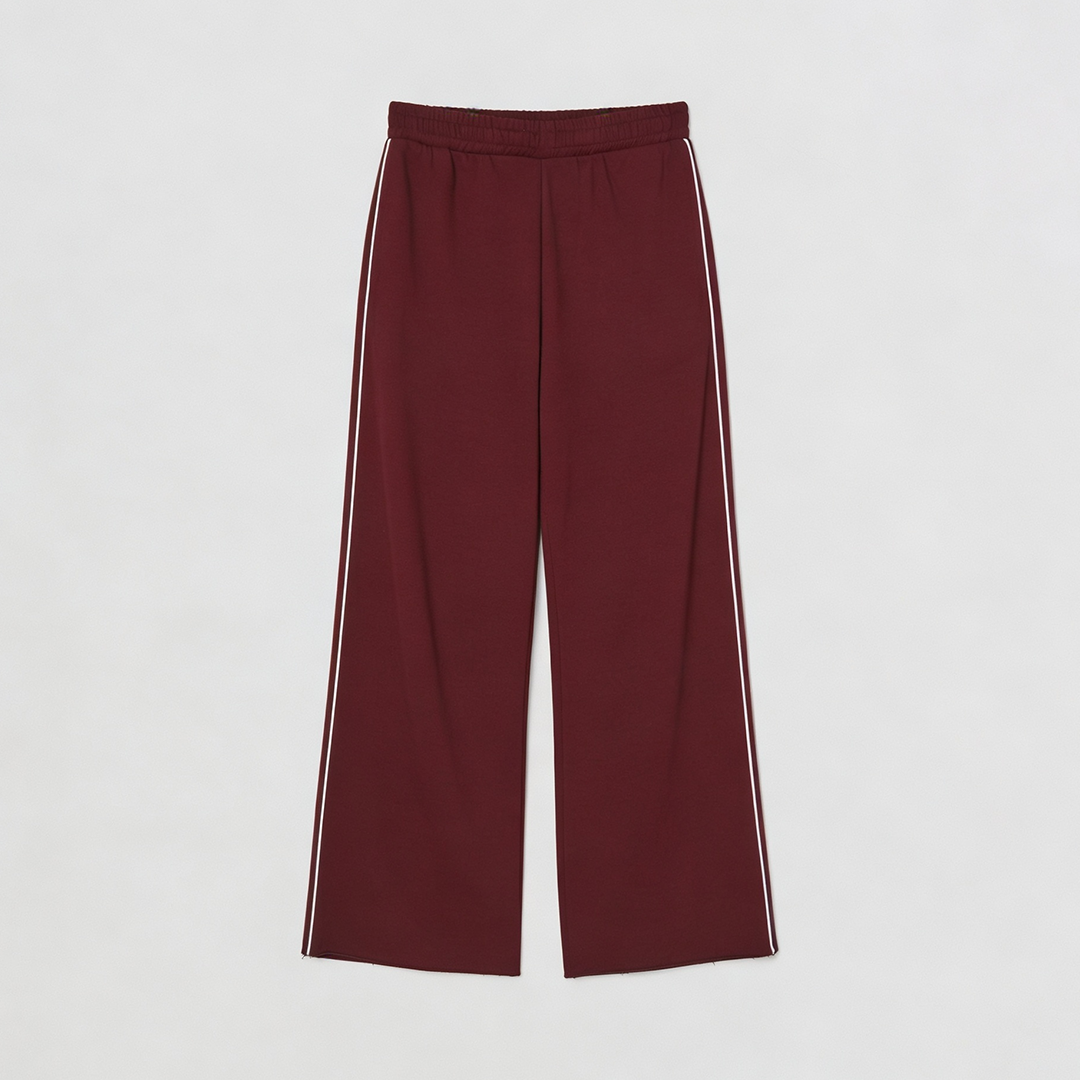 Women Wide-leg Plush Trouser With Trim Detail - Maroon
