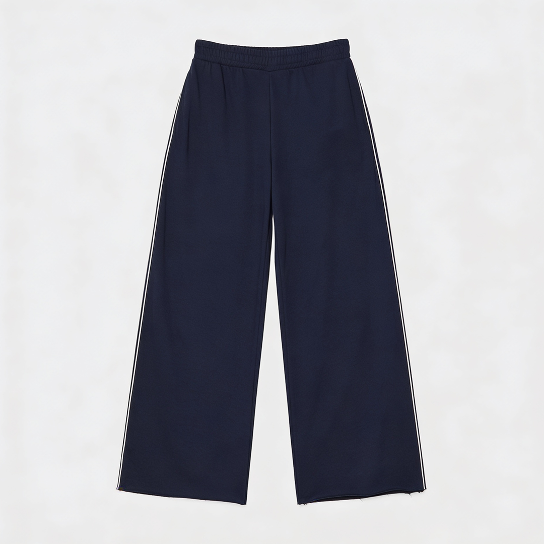 Women Wide-leg Plush Trouser With Trim Detail - Navy Blue