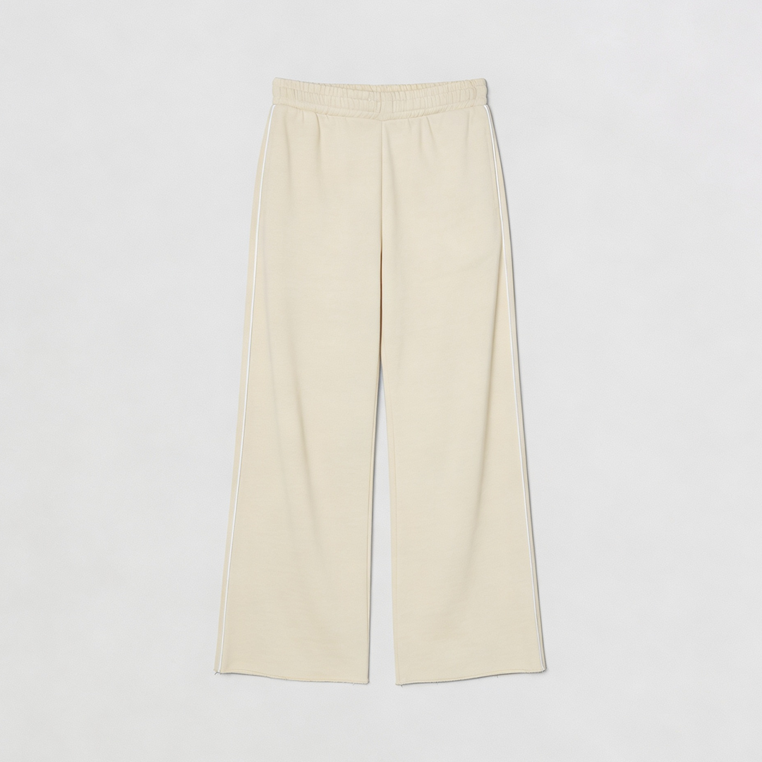 Women Wide-leg Plush Trouser With Trim Detail - Oat Milk