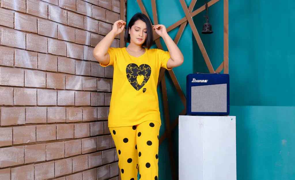 Yellow Double Heart Printed Night Suit