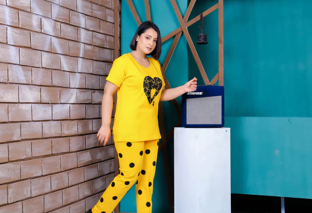 Yellow Double Heart Printed Night Suit