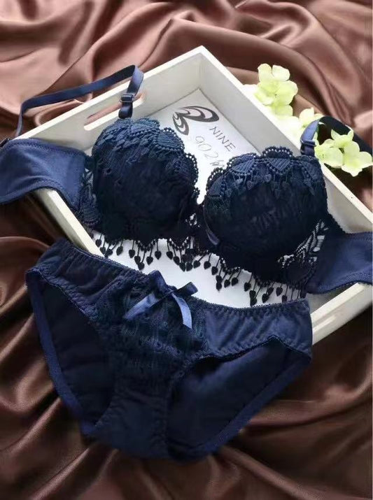 Blue Floral Embroidery Bella Padded Bra and Panty Set