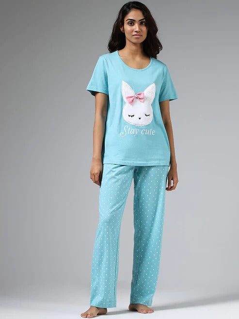 Blue Stay Cute Printed Night Suit