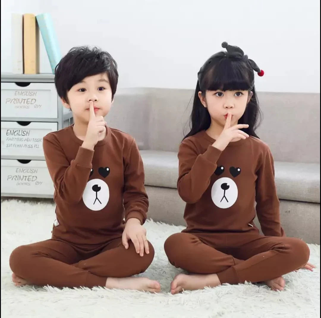 Dark Brown Bear Printed Kids Wear