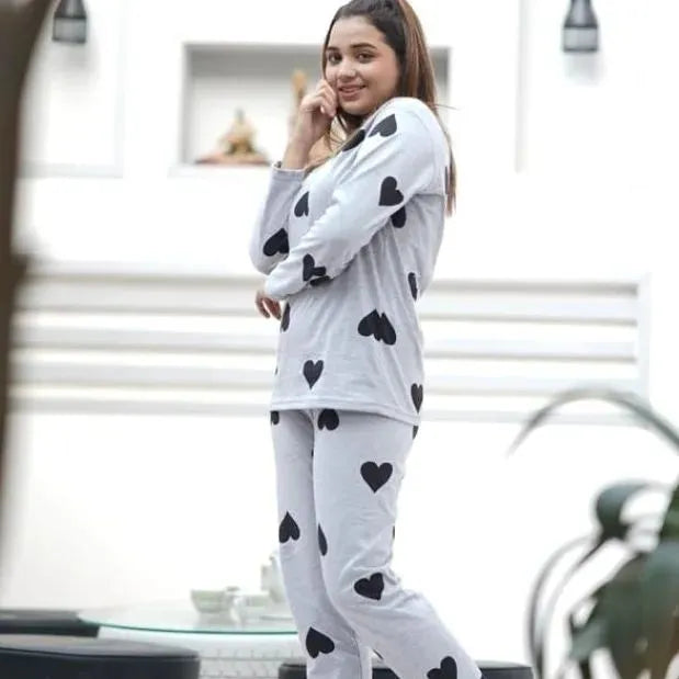 Grey Black Multi Heart Printed Night Suit