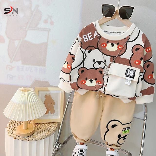 Bear Printed Track Suit Kids Off White & Brown