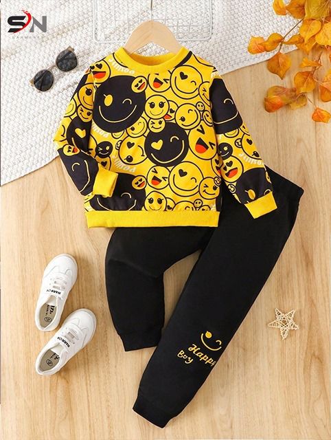 Smile Face Printed Track Suit Kids Black & Yellow