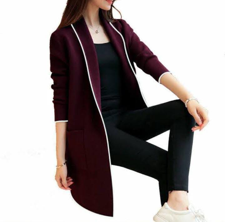 Women Lapel Casual Long Fleece Coat Mahroon