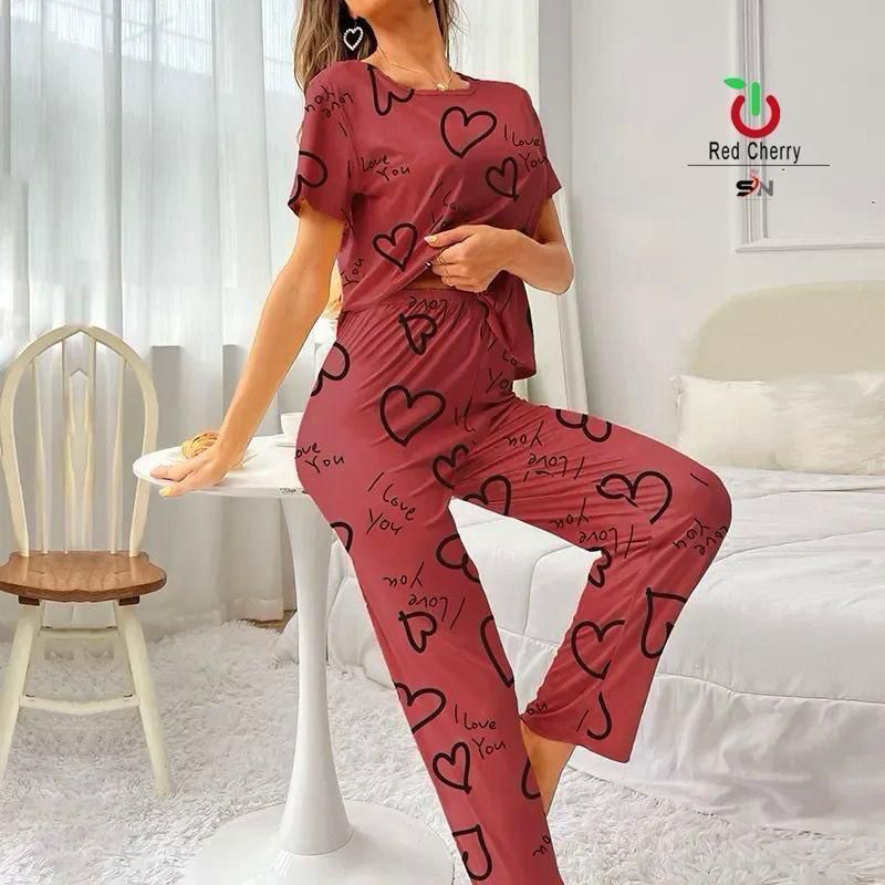 Dark Pink Love Printed Night Suit