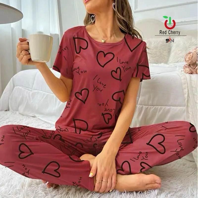 Dark Pink Love Printed Night Suit