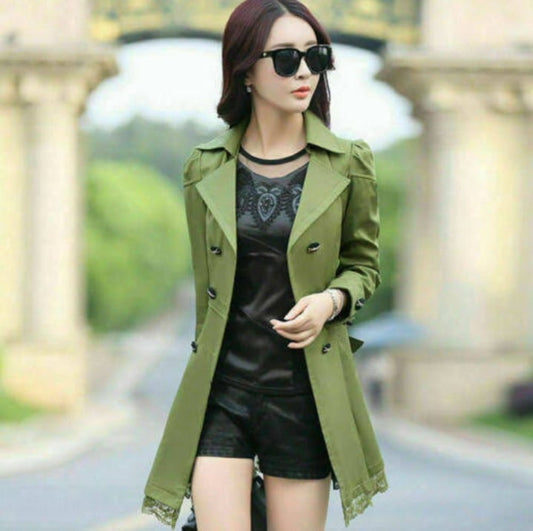 Women's Lace Trim Trench Coat Green