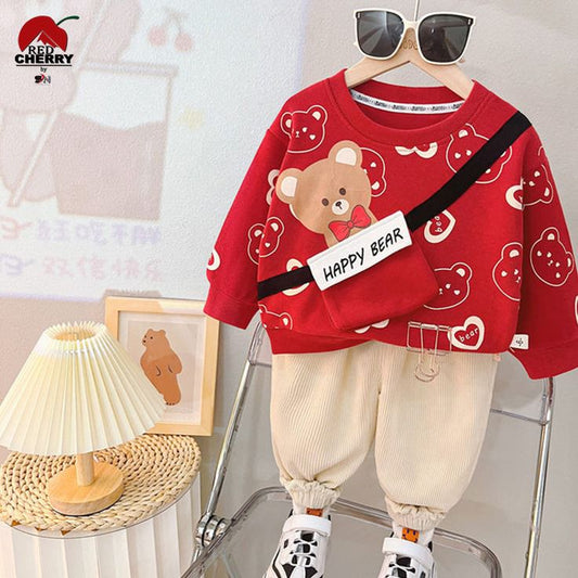 Happy Bear Printed Track Suit Kids Red