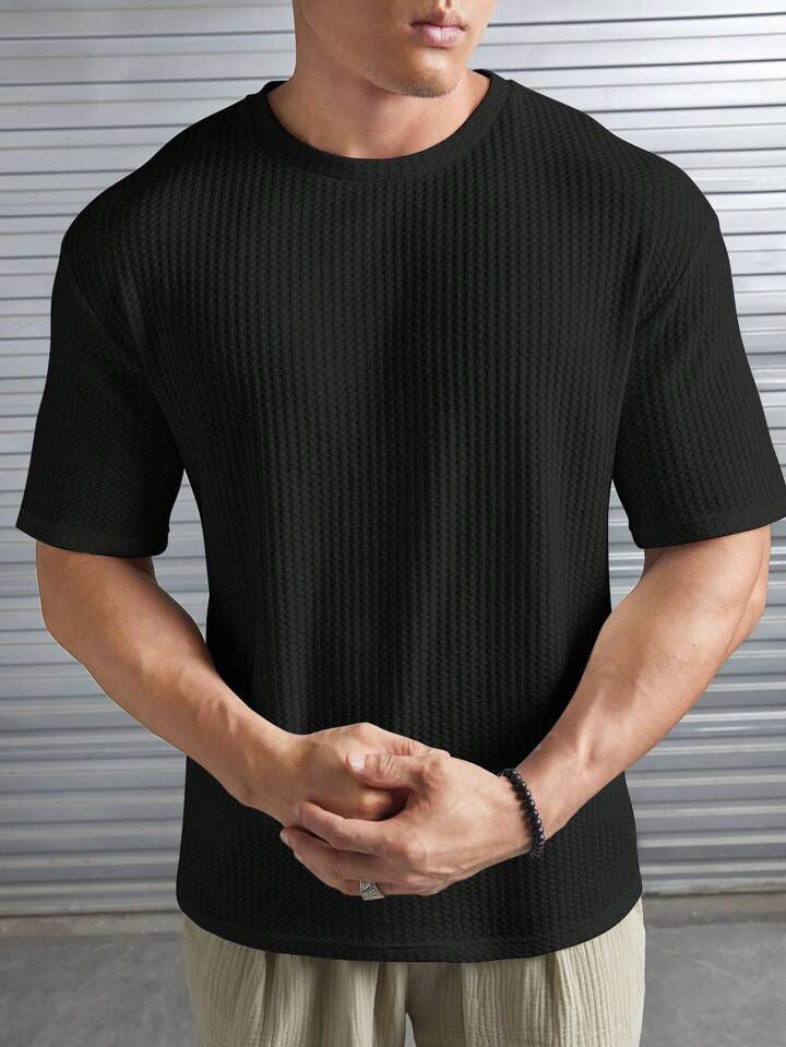 Waffle Knitted Drop shoulder T-Shirt Man Black