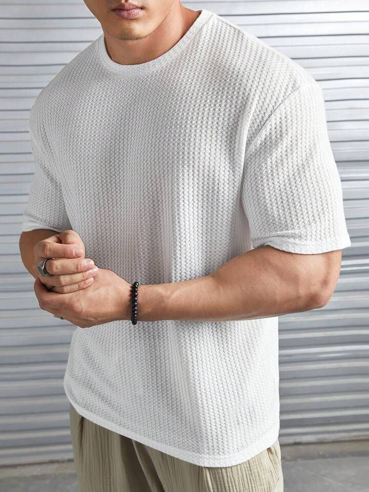 Waffle Knitted Drop shoulder T-Shirt Man White