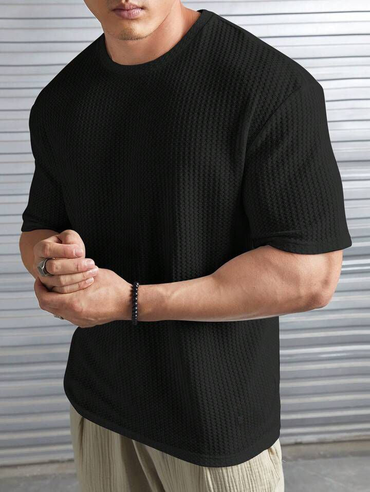 Waffle Knitted Drop shoulder T-Shirt Man Black