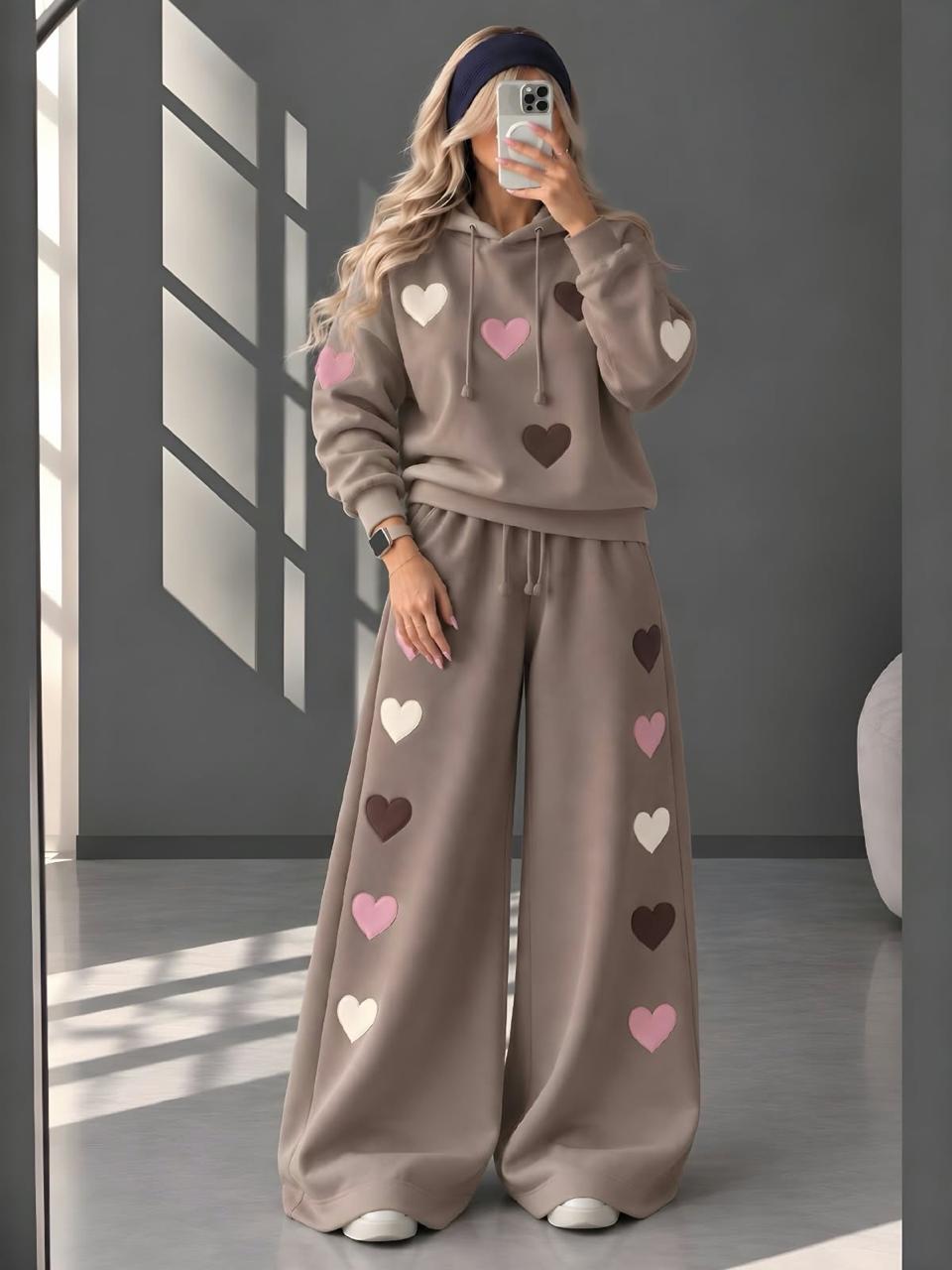 Fleece Co-oards Set Heart Printed Brown