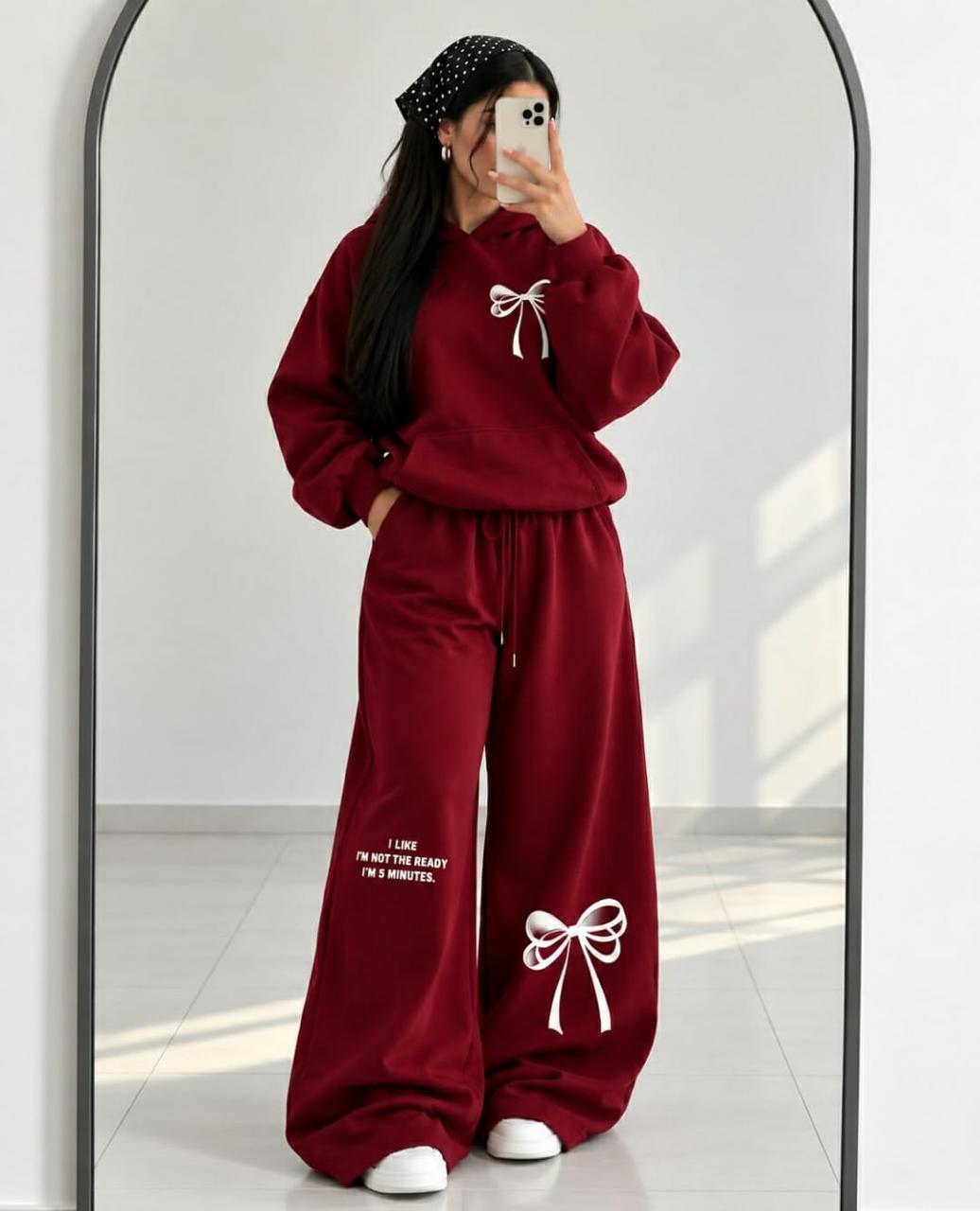 Fleece Co-oards Set Bow Printed Maroon