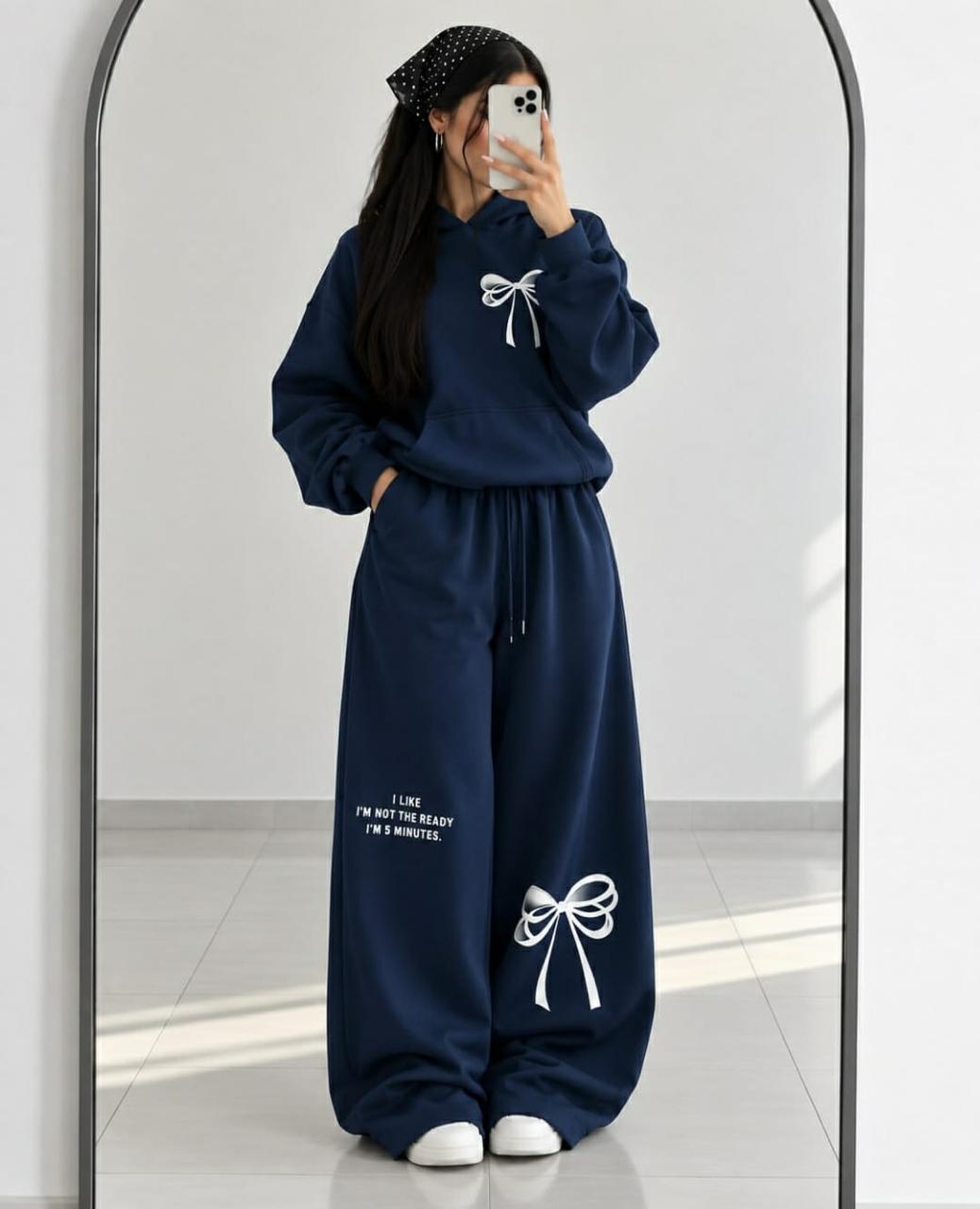 Fleece Co-oards Set Bow Printed NavyBlue