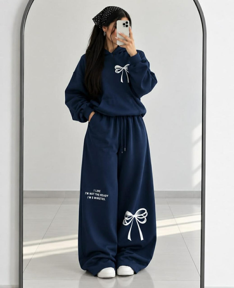 Fleece Co-oards Set Bow Printed NavyBlue
