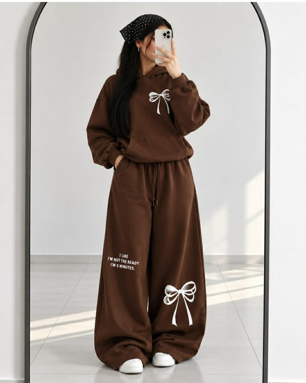 Fleece Co-oards Set Bow Printed Brown