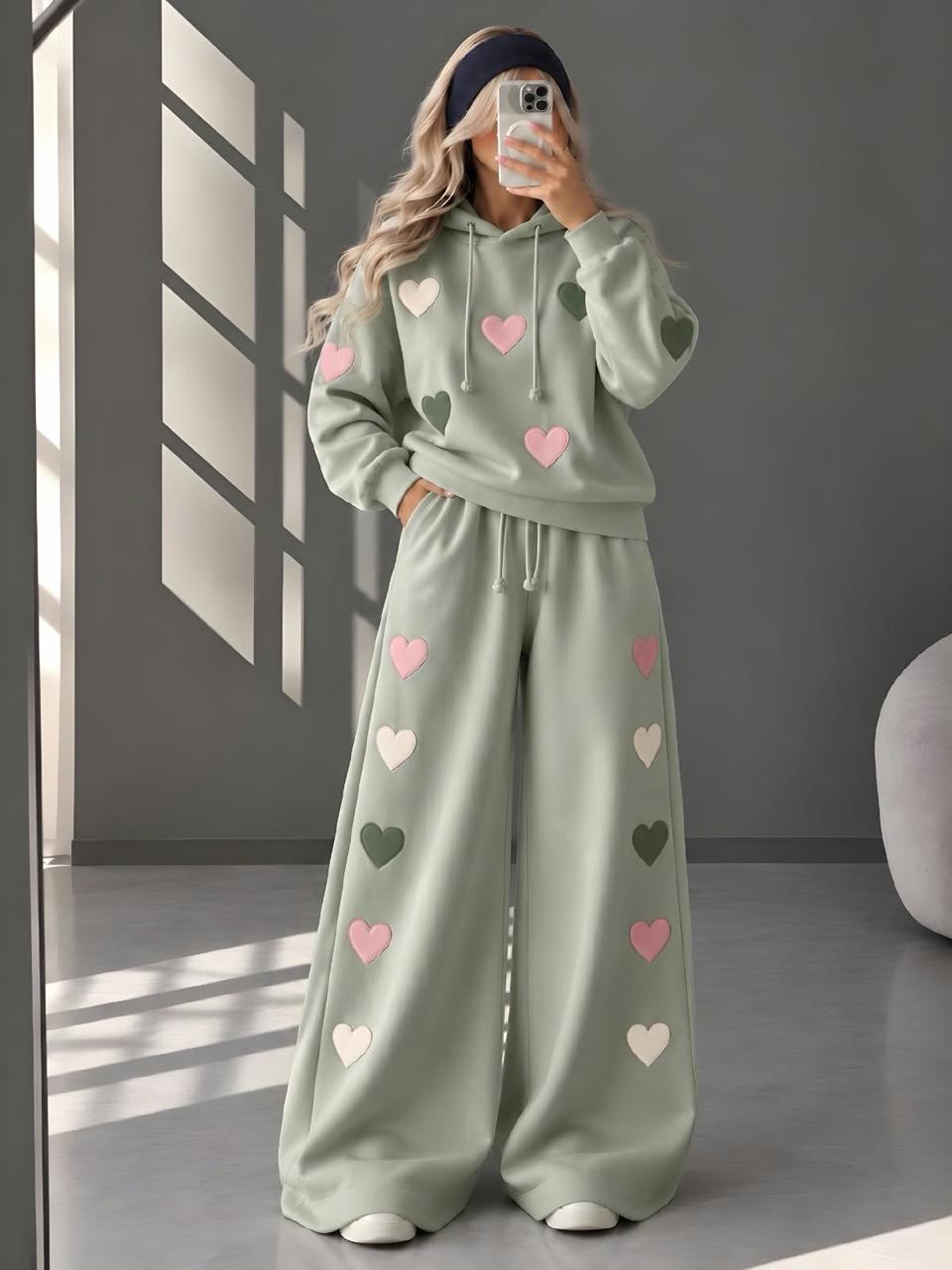 Fleece Co-oards Set Heart Printed Olive Green