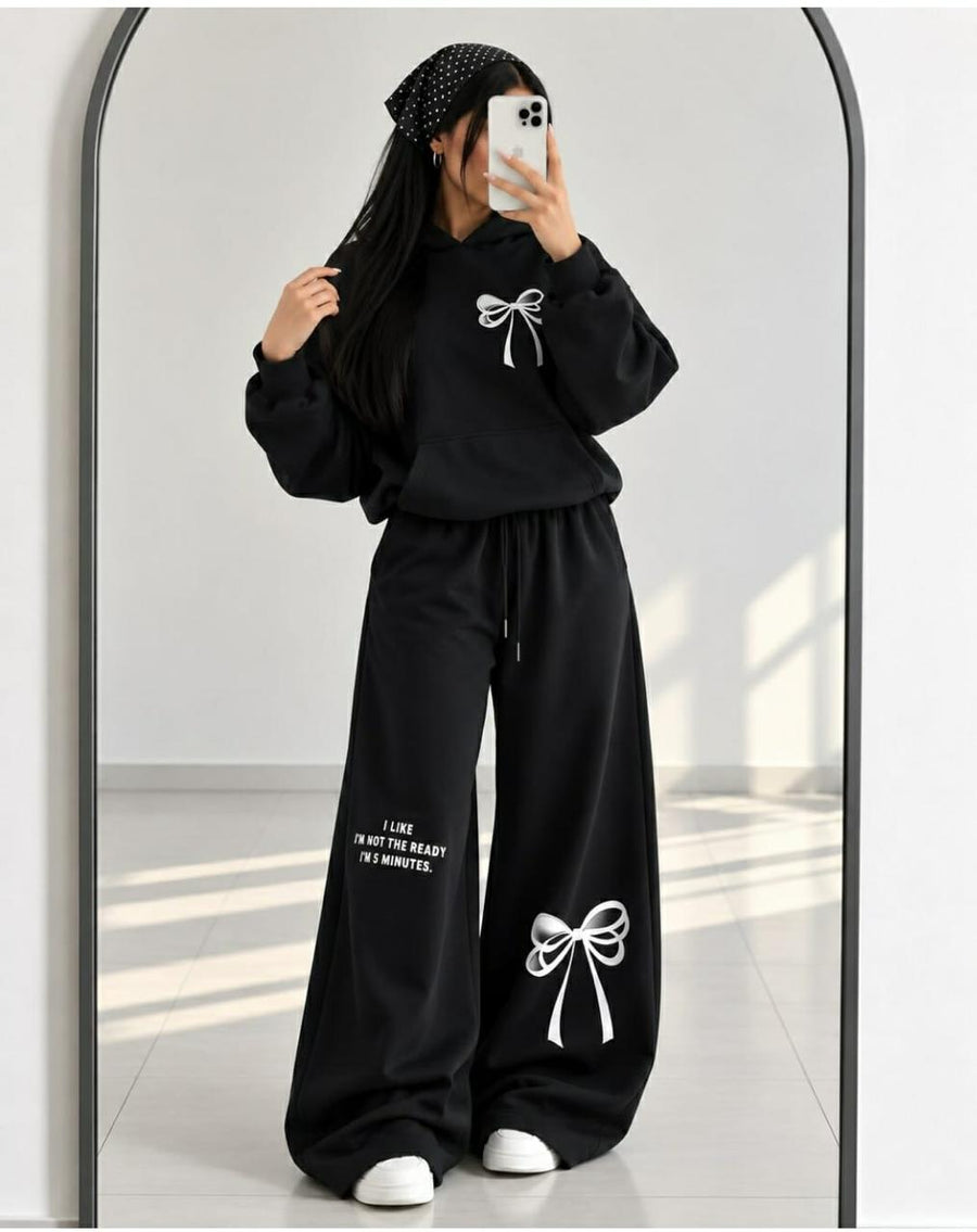 Fleece Co-oards Set Bow Printed Black